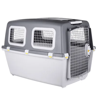 A pet carrier is shown against a white background.