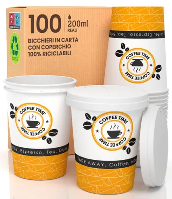 100 Kartonbecher 200 ml, biologisch abbaubar + 100 Deckel
