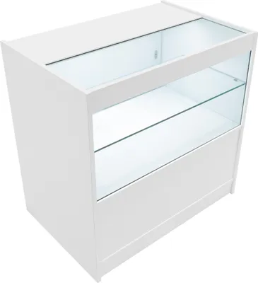 Produktbild von Weiße LED-Ladentheke C900 – Abschließbare Schiebetüren mit 2 Schlüsseln – Verkaufs- & Aufbewahrungseinheit mit Glasvitrine – 3 Regale (2 offen, 1 geschlossen) – Weiße LED-Beleuchtung