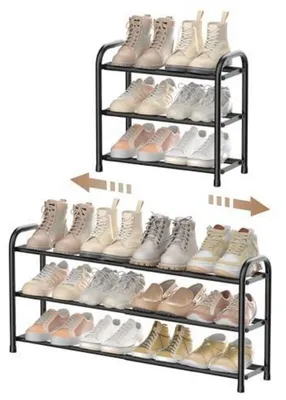 Immagine prodotto di Scaffale porta scarpe estensibile, 3 ripiani, metallo nero, 45,2-83,2 cm