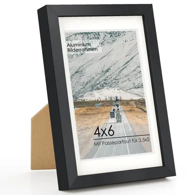 Immagine prodotto di Cornice in alluminio, dimensioni 10x15 cm, colore nero, con passepartout da 8,9x12,7 cm, vetro acrilico con protezione UV