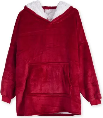 A red fleece hoodie with a white sherpa lining, shown flat against a white background.