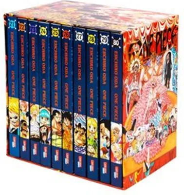 A box set of One Piece manga volumes, with the spines of the books visible.
