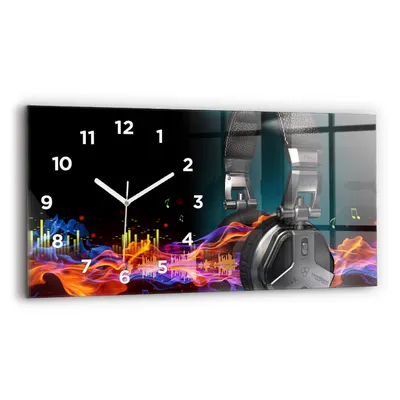 Produktbild von Wallfluent Wanduhr – Stilles Quarzuhrwerk - Uhr Dekoration Wohnzimmer Schlafzimmer Küche - Zifferblatt - weiße Zeiger - 60x30 cm - Kopfhörer und Schallwellen
