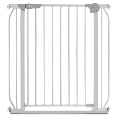 A white baby gate on a white background.