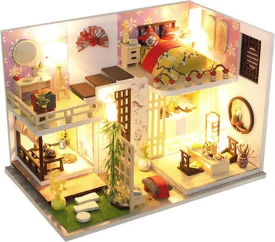 Zdjęcie produktu dla Habarri | Miniaturowy Domek - DIY Domek dla Lalek - Drewniany Domek z Meblami i Oświetleniem LED - Prezent dla Dzieci - Minka Na Fuji