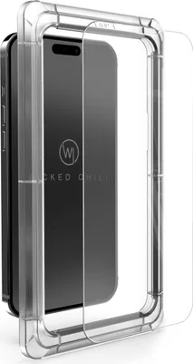A clear protective screen for a smartphone, shown with a positioning template.