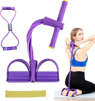 Produktbild von Dreiteiliges Fitness-Set für Bauch- und Rückentraining zu Hause mit Widerstandsband in Achterform, Expander und Fußpedalen, Ganzkörpertrainer, lila