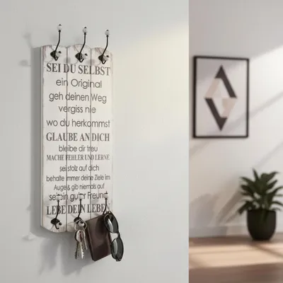 Produktbild von Wandgarderobe 100 cm mit 6 Haken & Spruch 'Sei du', Paulownienholz, Shabby Chic