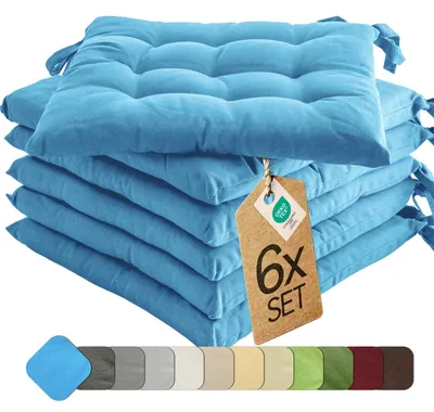 Produktbild von Sitzkissen Stuhlkissen Indoor & Outdoor 6er Set 40x40 cm - Hellblau - etérea Stuhl Kissen Auflage mit Bändern