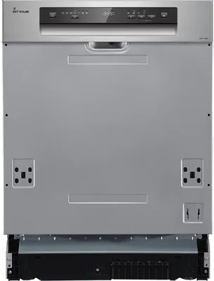 Front view of a silver dishwasher with a control panel at the top.