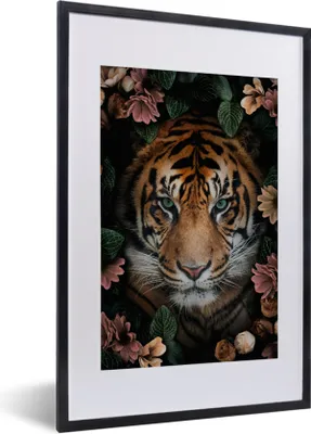 Produktbild von MuchoWow® MuchoWow® Gerahmtes Poster Tiger - Blumen - Blätter 40x60 cm - Poster mit zchwarzem Bilderrahmen - Poster in Rahmen