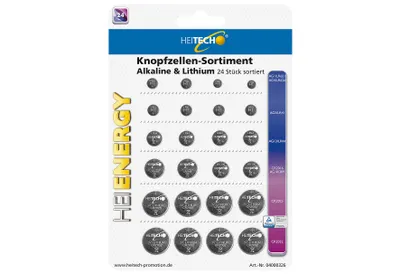 A retail package containing an assortment of button cell batteries.