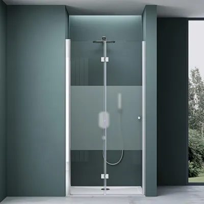 A modern shower enclosure with frosted glass panels and a silver frame, set against a teal wall and a window showing greenery.
