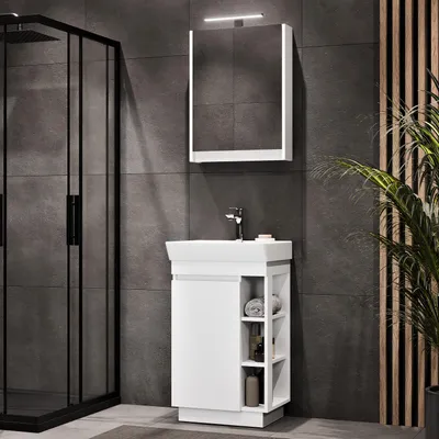 Produktbild von Planetmöbel Badmöbel Set NYX Waschtisch 45 cm Matt Weiß mit Spiegelschrank und Armatur Chrom