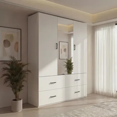 Produktbild von Kleiderschrank 130cm 2 Türen mit Spiegel, 2 Fächer, 4 Schubladen, Weiß