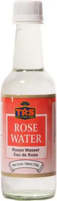 A clear product shot of a bottle of rose water.