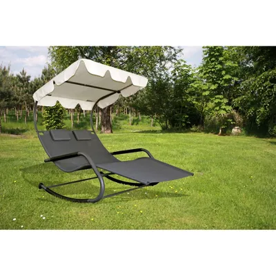Produktbild von Garden Pleasure Schaukelliege Anthrazit/Cremeweiß aus Stahl, Textilene, Polyester, 200x138x156 cm (LxBxH) mit Sonnendach, 2 Kopfstützen, Armlehnen, 36 kg, Ø48x1.5/Ø32x1.5 mm