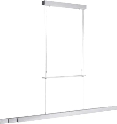 A modern LED pendant lamp with a sleek, linear design, suspended by thin wires against a white background.