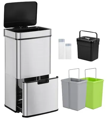 Imagen del producto de Contenedor de basura para cocina de 72 litros, cubo de basura automático con 3 compartimentos + 1, sistema de separación de residuos, tapa con sistema de cierre suave, acero inoxidable, 30 bolsas de basura, color plateado, modelo SW37299E