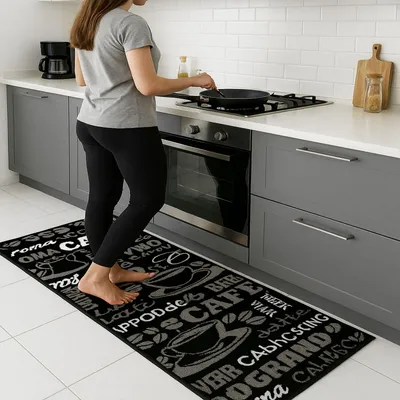 A woman is cooking in a kitchen with a coffee-themed rug on the floor.