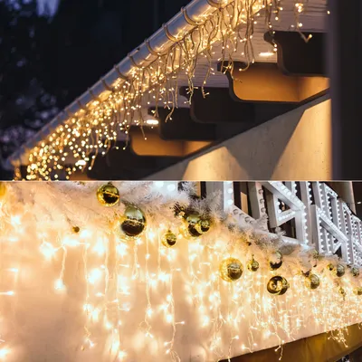 A collage of two images showing Christmas lights and decorations on a house and a balcony.