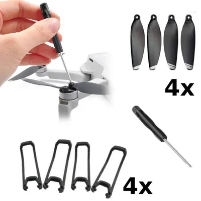 Drohnen-Propeller-Set mit schwarzen Propellern, Propellerschutz und Schraubendreher, abgebildet mit einer Hand, die einen Propeller an einer weißen Drohne anbringt