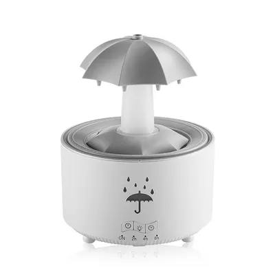 A white humidifier with a gray umbrella-shaped top, set against a white background.