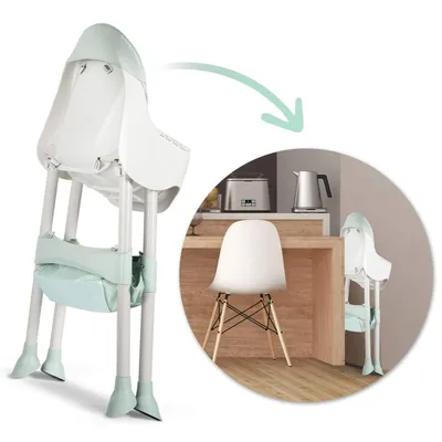 A high chair is shown in two views: one close-up and one in a kitchen setting, demonstrating its folded state.