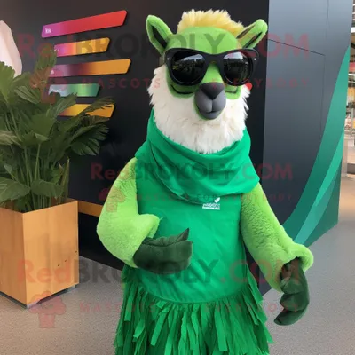 Produktbild von Grüner REDBROKOLY Lama Maskottchen Kostüm charakter bekleidet mit einem Wickelrock und einer Sonnenbrille
