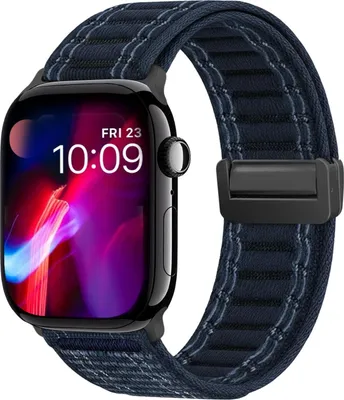 Produktbild von Smartwatch Armband für Apple Watch Series 10 46mm Nylon Textil Band Ersatzband Wechselband Magnetverschluss flexibel atmungsaktiv Blau Dunkelblau