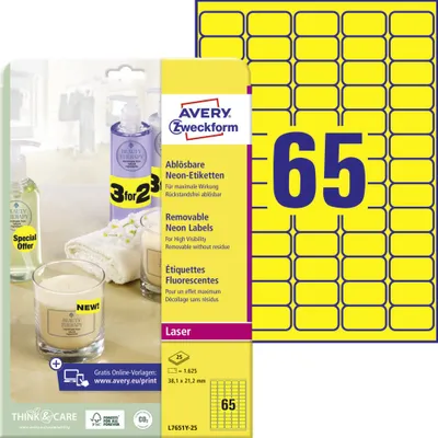 Produktbild von Avery Zweckform L7651Y-25, Etiketten in Sonderfarben, A4, 38,1 x 21,2  mm, 1.625 Etiketten / 25 Bögen, neongelb