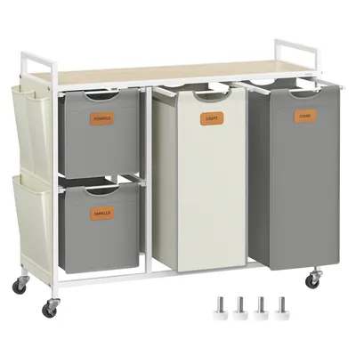 Produktbild von VASAGLE Wäschekorb 4 Fächer, Wäschesammler 150 L,  Wäschewagen mit Ablage