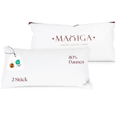 Produktbild von Maxiga Daunenkissen 40x80 cm (2 Stück) | 80 % Gänsedaunen und 20 % kleine Federn | Füllgewicht 750g | Für Allergiker geeignet | -Zertifikat