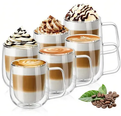 Produktbild von Doppelwandige Latte Macchiato Gläser Set 6 Stück 250ml mit Henkel Borosilikatglas hitzebeständig -20°C bis 150°C