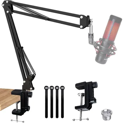 A black microphone boom arm with various accessories, including a microphone, clamp, and cable ties, arranged on a white background.