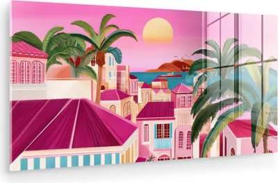 Produktbild von MuchoWow Glasbilder - Bilder auf Wandbild - Foto auf Glas Stadt - Rosa - Palmen 40x20 cm Wanddekoration aus Glas - Acrylglasbild - Acrylbilder - Modern - Wandgemälde auf Glas