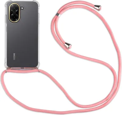 A pink phone case with a lanyard attached to a smartphone.