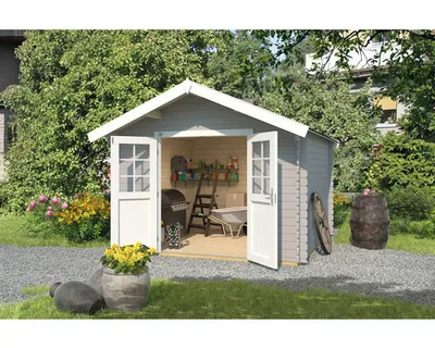 Produktbild von Gartenhaus Vaduz 209, 28 mm Wandstärke mit Doppeltür - B x T x H - 333.00 x 360.00 x 244.00 - Lichtgrau