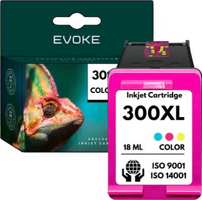 A product shot of an ink cartridge and its packaging.