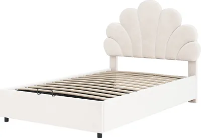 Produktbild von Flieks Hydraulisches Polsterbett 90x200cm, Jugendbett Kinderbett mit Höhenverstellbarem Kopfteil in Blumenmuster, Stauraumbett Boxspringbett, Samt
