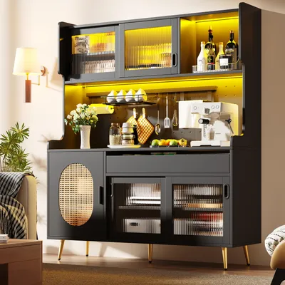Image de Armoire de cuisine Flieks avec bandeau lumineux LED et panneau de rangement, armoire de rangement avec portes en verre cannelé, buffet 145 x 39 x 171 cm, noir