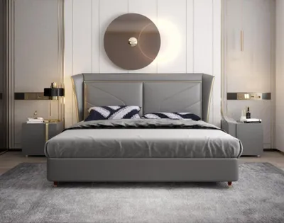 Produktbild von Graues Schlafzimmer Doppelbett Designer Betten Holzgestell Lederbetten
