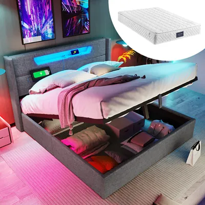 Image de Sweiko Lit rembourré 140x200cm LED Lit double avec fonction de chargement USB Type C, lits de rangement Cadre de lit en lin Lit pour adolescents (Avec matelas)