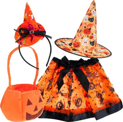 Obrázok produktu pre Kostým čarodejnice, kostým kúzelníčky, oranžovo-čierny, pre dievčatá, na halloweenský ples, sada