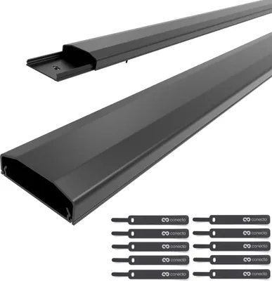 Produktbild von conecto Kabelkanal mit 3M Klebeband selbstklebend selbsthaftend zum Kleben oder Schrauben aus hochwertigem PVC (Länge 100cm, Breite 6cm, Höhe 2cm) schwarz, 2er Pack + 10er Klettkabelbinder