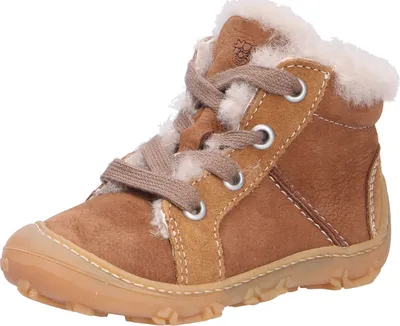 A single brown boot with white fur trim and laces, isolated on a white background.