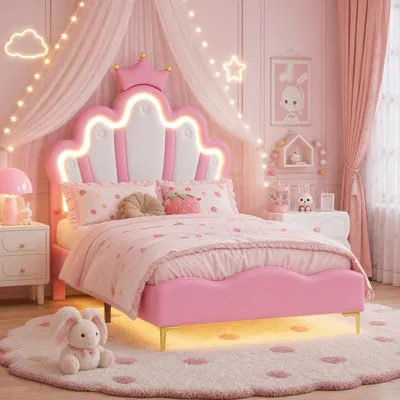 Immagine prodotto di Letto imbottito INONEFT, 90x190 cm, con LED, letto a baldacchino con poggiatesta regolabile, struttura letto singolo con rete a doghe, letto per bambine, in PU, colore rosa