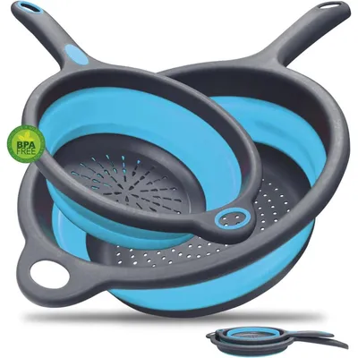 Produktbild von Faltbares Sieb Set 2 Stück Ø 24/20 cm Blau Silikon mit Griff