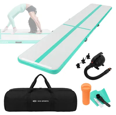 Produktbild von ECD Germany Aufblasbare Gymnastikmatte Turnmatte Airtrack 5m, Grün-Mint H:10 cm, inkl. Tragetasche, Luftpumpe & Flick-Set, Fitnessmatte Tumbling Matte